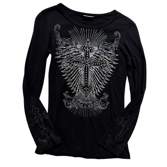 Tops - Vocal Black Rhinestone Cross Graphic Long Sleeve Top USA Size Small Y2K